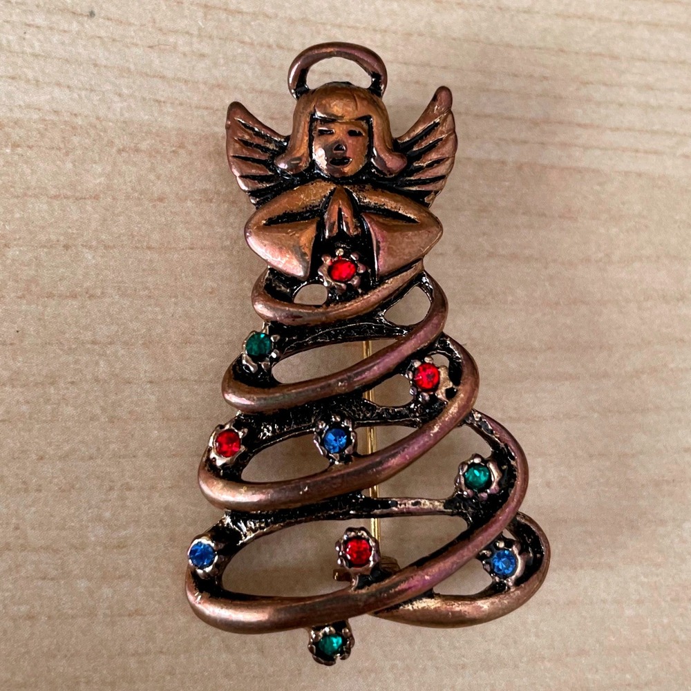 Christmas Tree Angel Brooch Brass Tone Multi color Rhinestones Pin